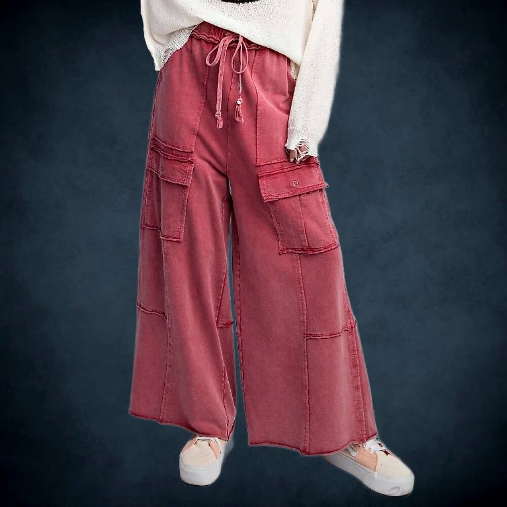 EASEL “Feeling Good Cargos” Mineral Washed Flared Leg, Raw Seams & Hems, Pockets - Picture 10 of 16